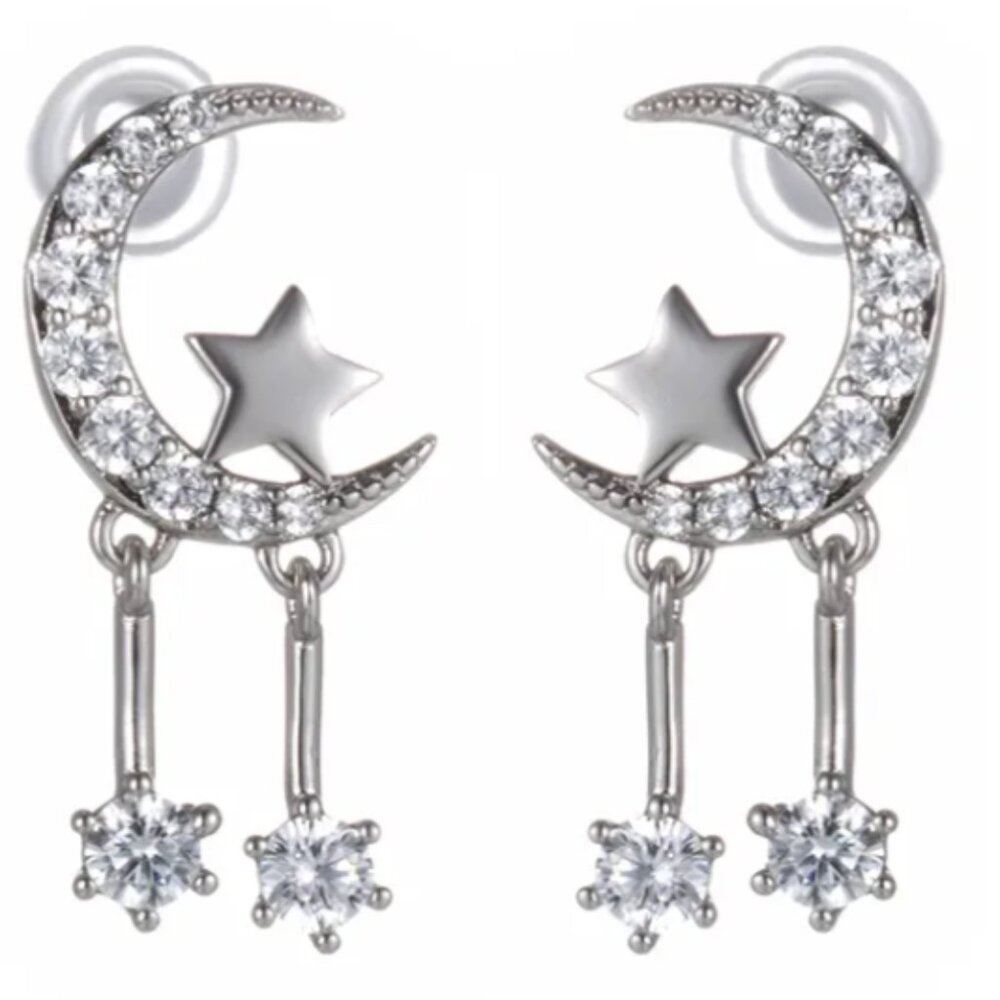 Style Star Moon Tassel  Artificial Gemstones 18K Platinum Plated Earrings